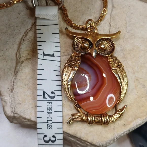 Vintage Owl Brown Banded Agate Pendant Necklace Gold Plated Chain - Picture 7 of 8